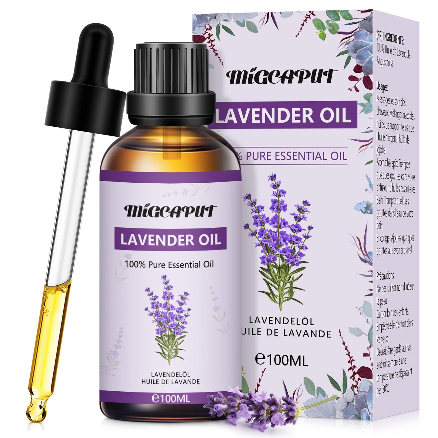 Migcaput Ätherische Öle lavendelöl 100 ml,100% Natürliche ätherische Öle, Ätherisches Aromatherapieöl von Erstklassige Qualität, Duftöle für Diffusor, Luftbefeuchter, Entspannen, Massage, Bad