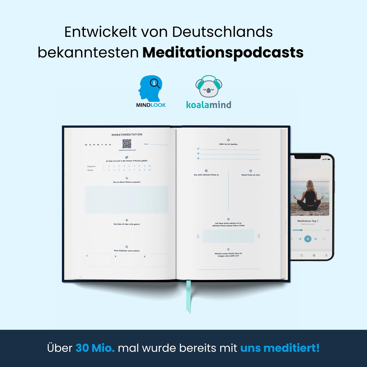 Meditation Journal | Achtsamkeitstagebuch mit geführten Audio Meditationen – Anti Stress Dankbarkeitstagebuch für Entspannung & Achtsamkeit | Mindlook & Koala Mind