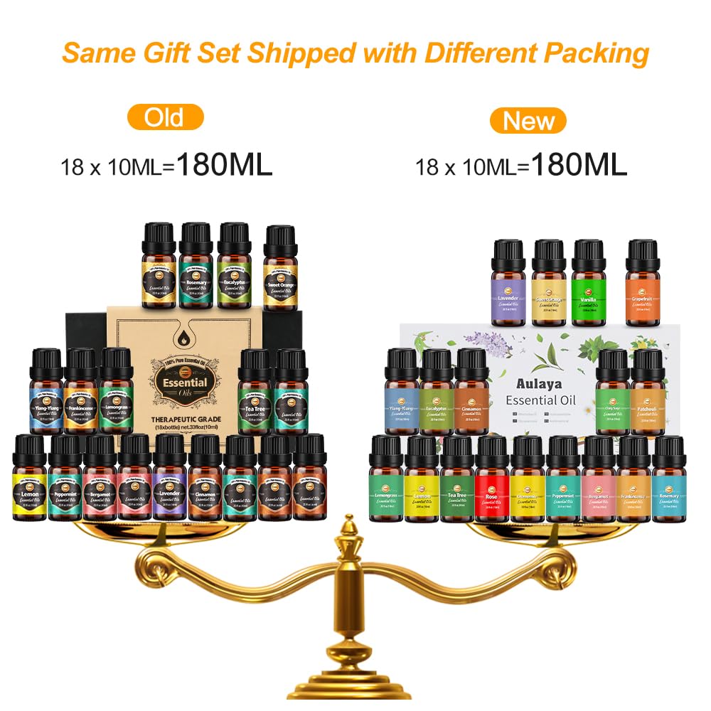 Ätherische Öle Set 18 x 10 ml, Teebaum, Lavendel, Eukalyptus, Weihrauch, Zitronengras, Rosmarin, Orange, Minze, Zitrone, Bergamotte, Ylang-Ylang, Grapefruit, Kamille, Rose, Vanille, Patchouli Salbei