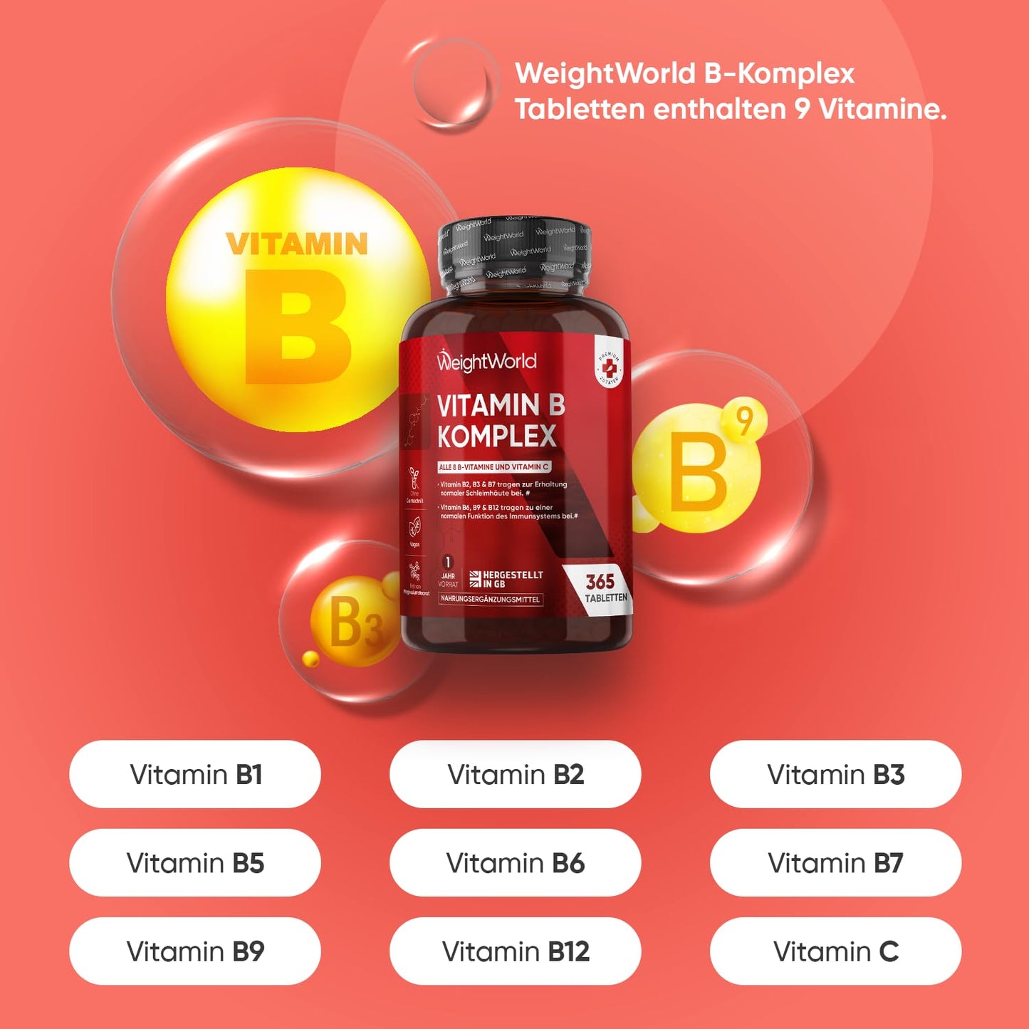 Vitamin B Komplex - 1 Jahr Vorrat - 365 Vitamin B Tabletten - Alle 8 B Vitamin B12, B1, B2, B3, B5, B6, B7, B9 - Mit Vitamin C (Ascorbinsäure), Biotin, Folsäure - Vegane B Complex - WeightWorld