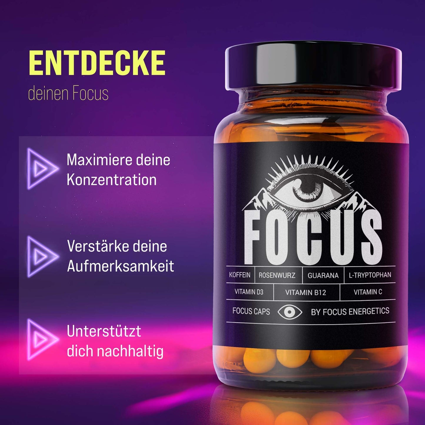 Focus Caps – Dein Support für mentale Klarheit, Konzentration & Energie – Mit Koffein, Guarana, L-Tryptophan, Vitamin C, D und B12 – 60 Fokus Kapseln