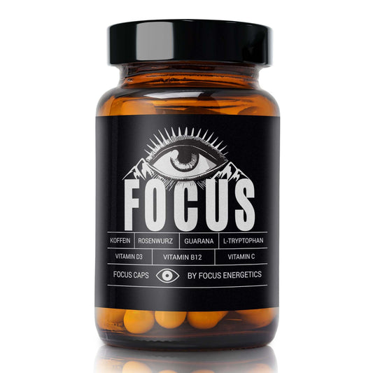Focus Caps – Dein Support für mentale Klarheit, Konzentration & Energie – Mit Koffein, Guarana, L-Tryptophan, Vitamin C, D und B12 – 60 Fokus Kapseln