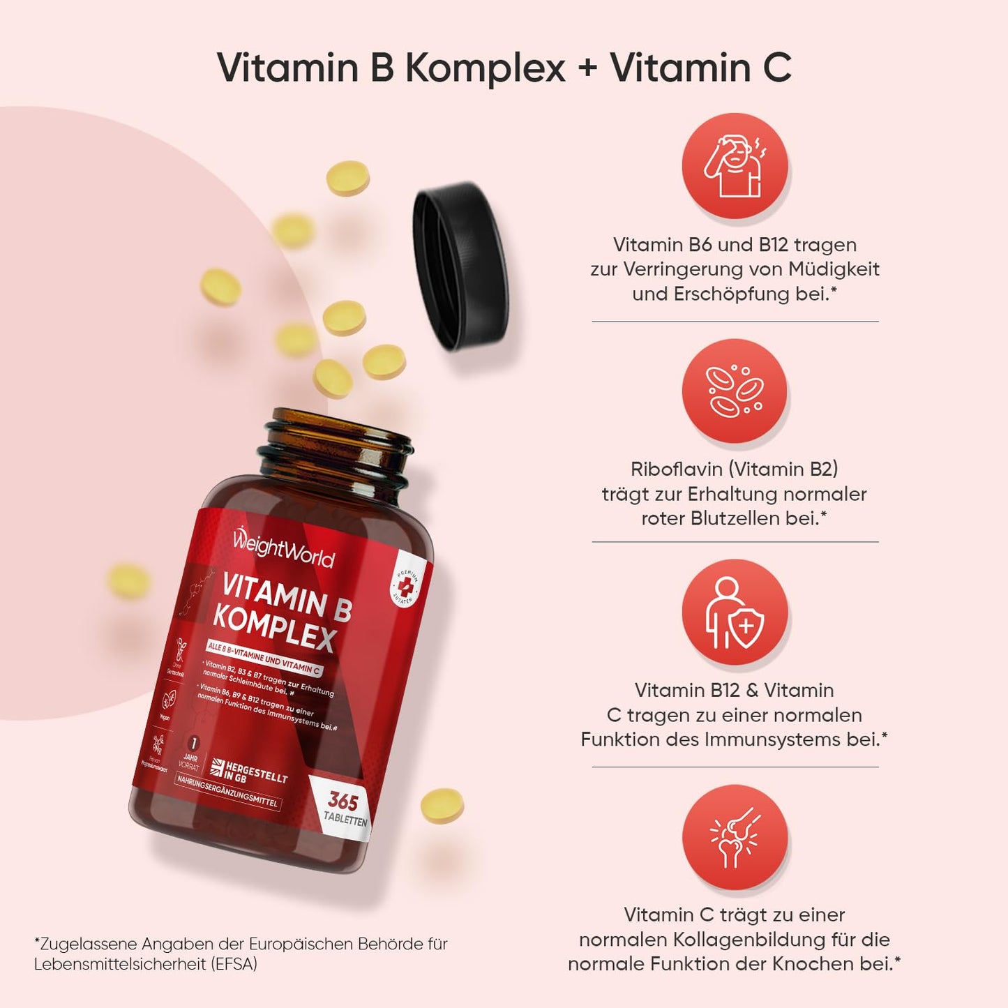 Vitamin B Komplex - 1 Jahr Vorrat - 365 Vitamin B Tabletten - Alle 8 B Vitamin B12, B1, B2, B3, B5, B6, B7, B9 - Mit Vitamin C (Ascorbinsäure), Biotin, Folsäure - Vegane B Complex - WeightWorld