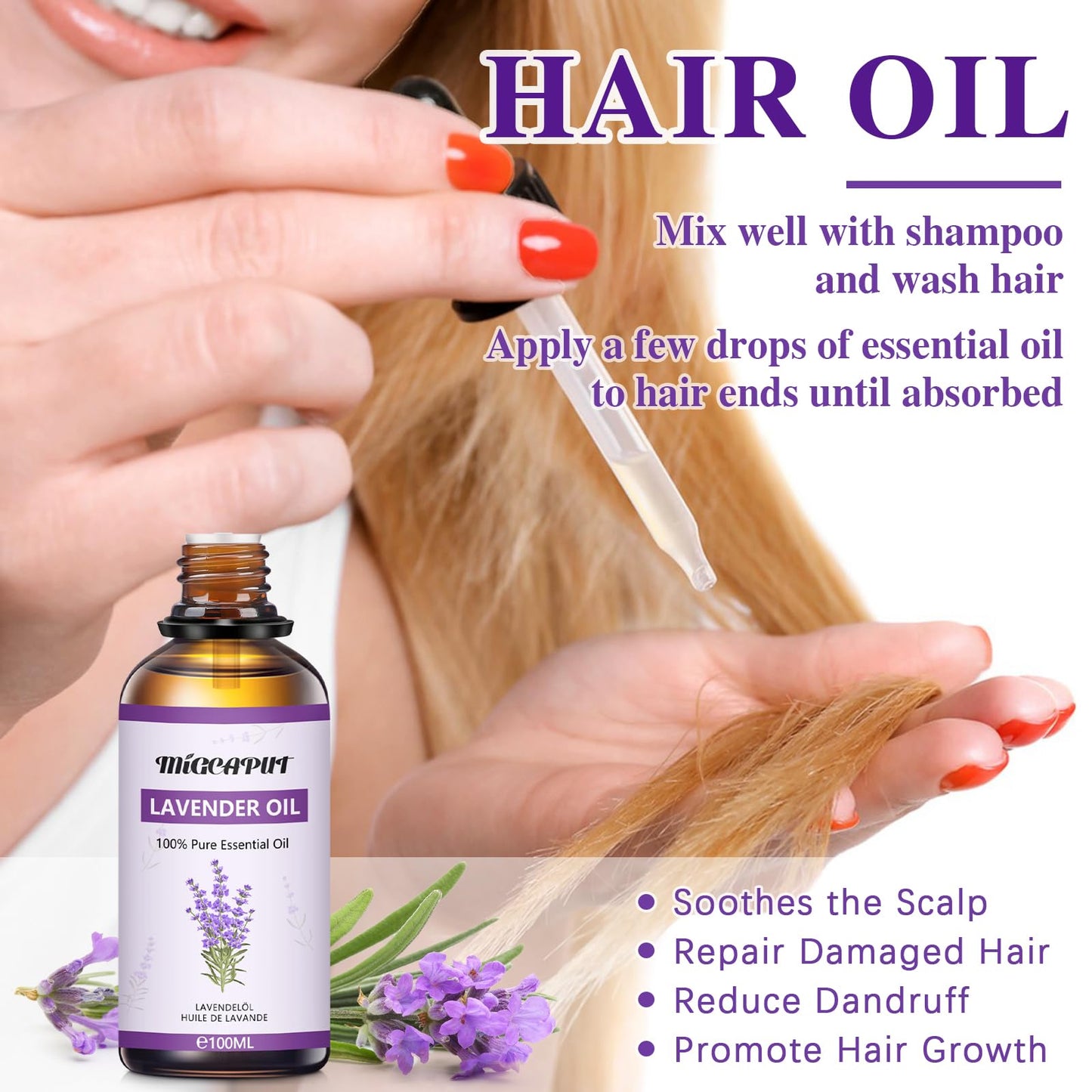 Migcaput Ätherische Öle lavendelöl 100 ml,100% Natürliche ätherische Öle, Ätherisches Aromatherapieöl von Erstklassige Qualität, Duftöle für Diffusor, Luftbefeuchter, Entspannen, Massage, Bad