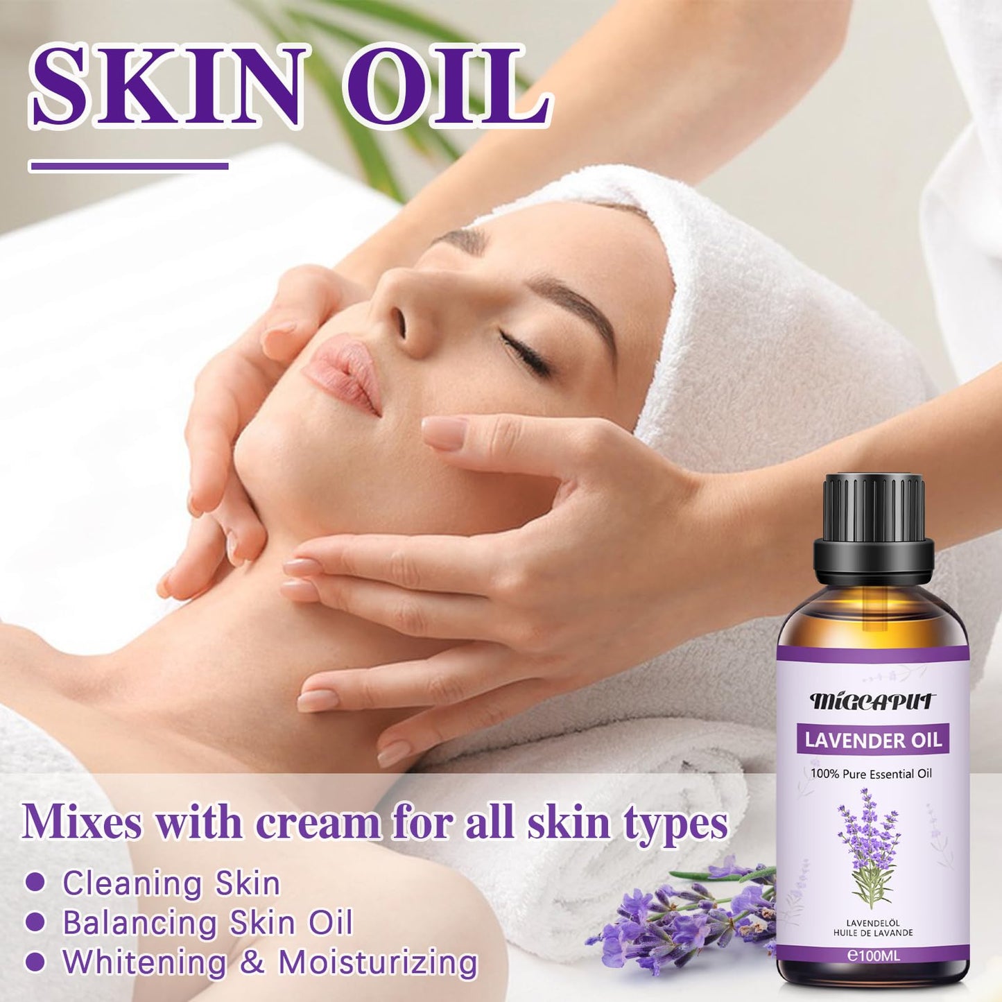 Migcaput Ätherische Öle lavendelöl 100 ml,100% Natürliche ätherische Öle, Ätherisches Aromatherapieöl von Erstklassige Qualität, Duftöle für Diffusor, Luftbefeuchter, Entspannen, Massage, Bad