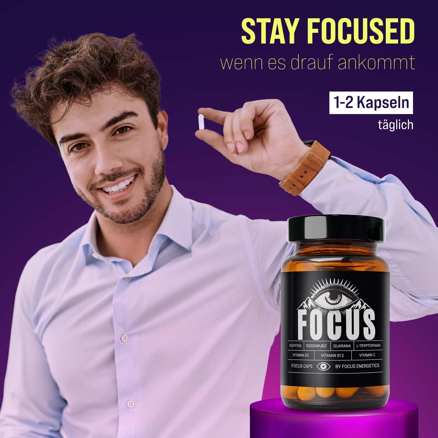 Focus Caps – Dein Support für mentale Klarheit, Konzentration & Energie – Mit Koffein, Guarana, L-Tryptophan, Vitamin C, D und B12 – 60 Fokus Kapseln
