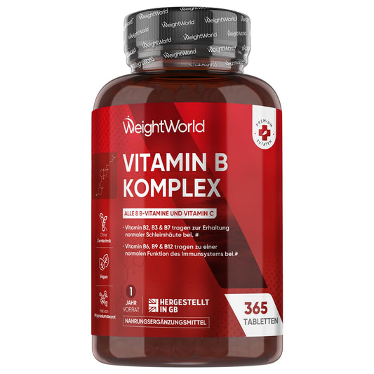 Vitamin B Komplex - 1 Jahr Vorrat - 365 Vitamin B Tabletten - Alle 8 B Vitamin B12, B1, B2, B3, B5, B6, B7, B9 - Mit Vitamin C (Ascorbinsäure), Biotin, Folsäure - Vegane B Complex - WeightWorld