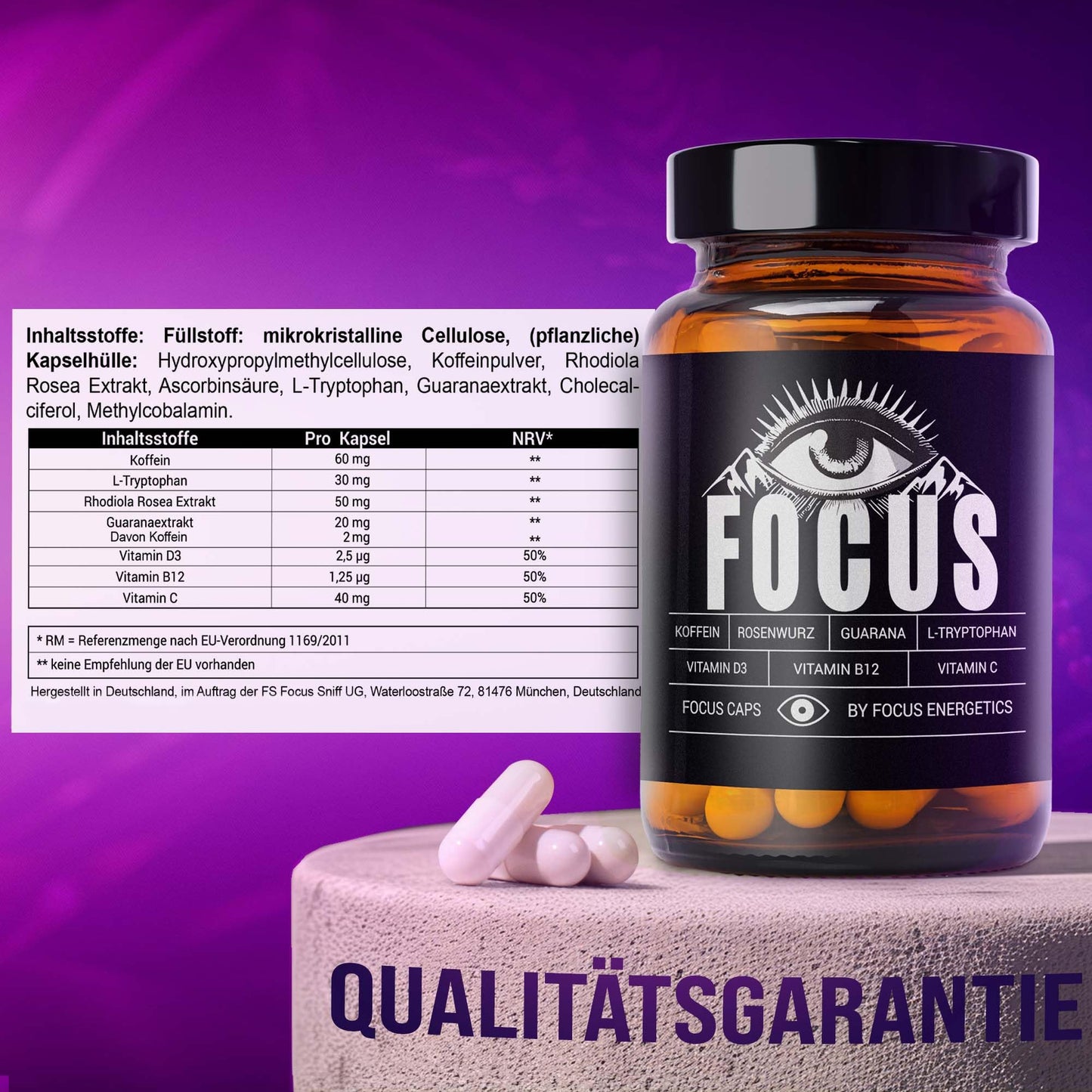 Focus Caps – Dein Support für mentale Klarheit, Konzentration & Energie – Mit Koffein, Guarana, L-Tryptophan, Vitamin C, D und B12 – 60 Fokus Kapseln