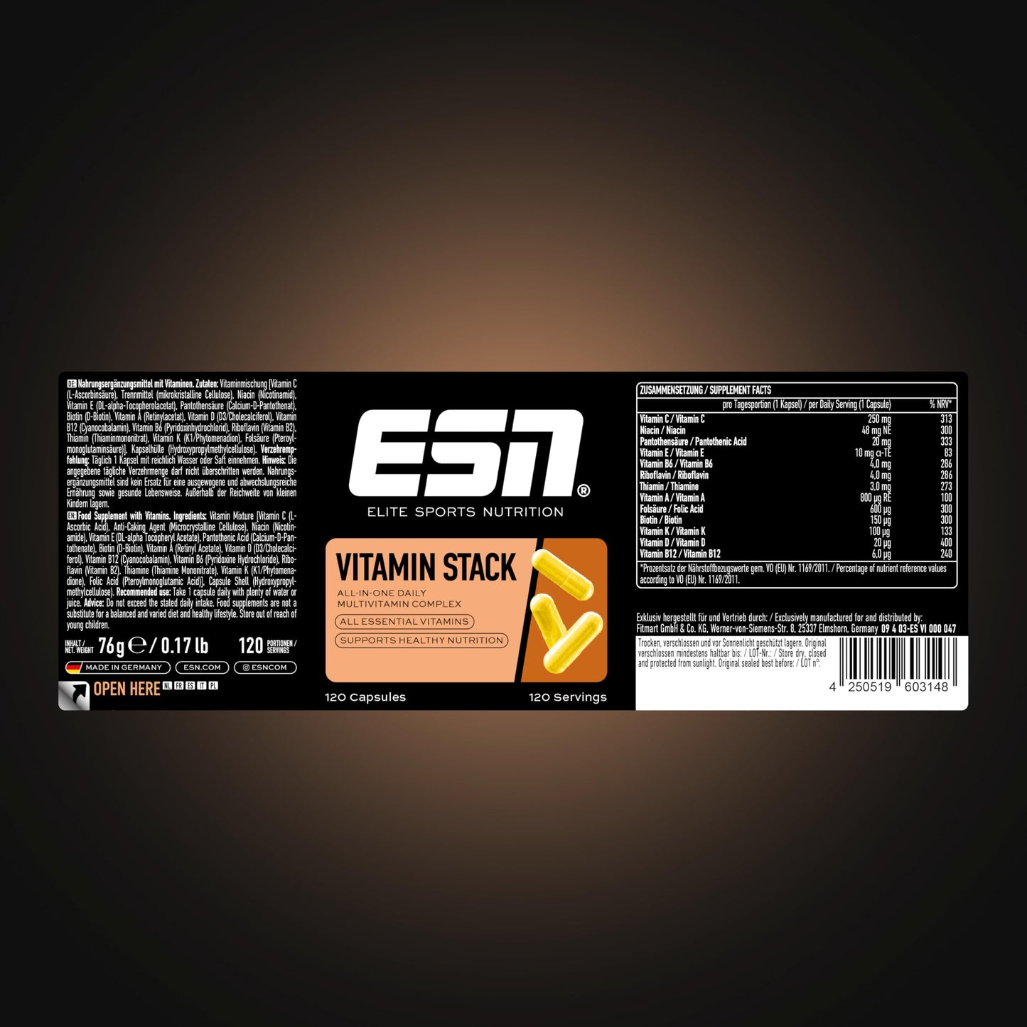 ESN Vitamin Stack, Multivitamin Kapseln, 120 Stück - 4 Monate Vorrat, hochdosiert, 13 wertvolle Vitamine in einer Kapsel, nur 1 Kapsel täglich, made in Germany