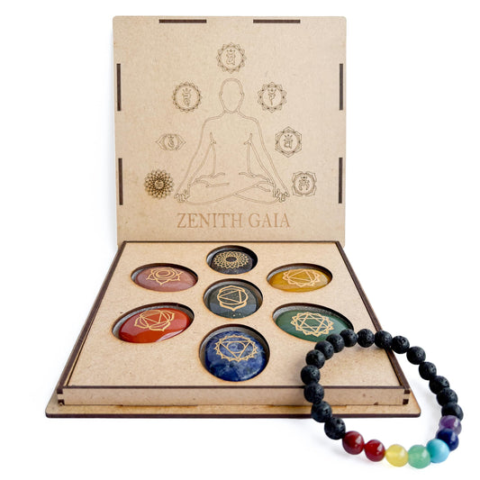 Zenith Gaia Premium Chakra Steine Set mit Armband – Handgefertigte 7 Edelsteine – Natursteine in edler Holzbox – Chakra Heilsteine Set für spirituelles Gleichgewicht und Energiearbeit - Worry Stones